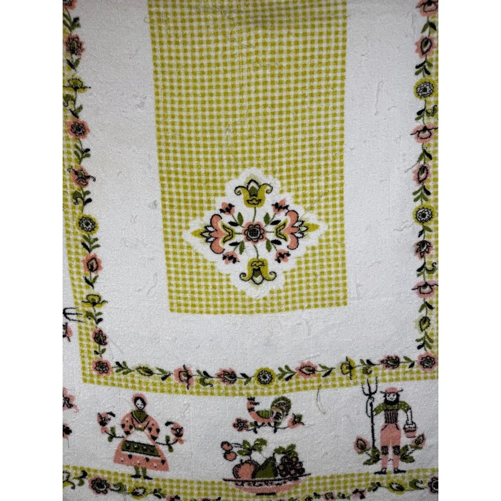 VTG Dutch Folk Art Terry Cloth Tablecloth Pink Green Gingham Farmer Rooster 70s